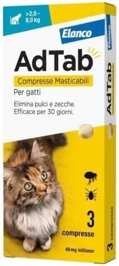 AdTab Antiparassitario Compresse Masticabili Per Gatto Gatti Cat Da 2 A 8kg. Formato 3 Compresse