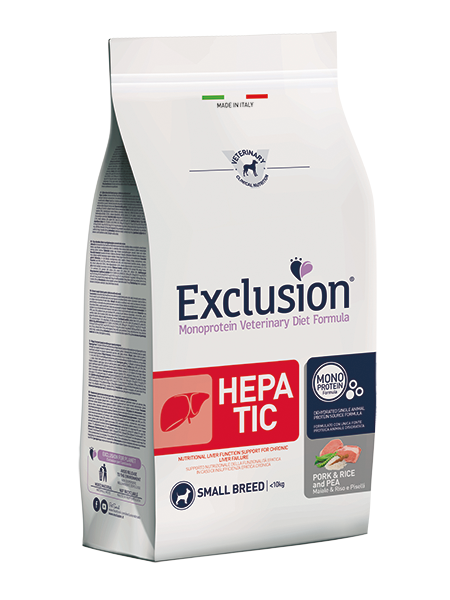EXCLUSION MONOPROTEIN VET DIET  HEPATIC PORK &amp; RICE AND PEA SMALL BREED 2kg